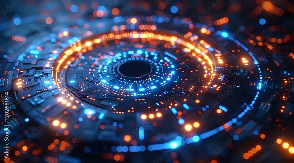 Poster futuristic digital circular pattern with glowing orange and blue lights creating a technological por