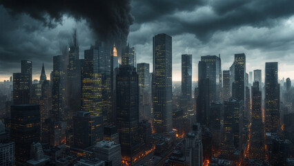 Obraz premium A dramatic and apocalyptic depiction of a major city consumed by flames and thick smoke, symbolizing destruction, chaos, and the fragility of urban life