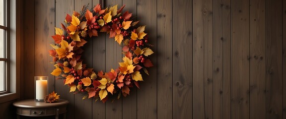 Autumn Leaf Wreath on Rustic Wood Wall Decor