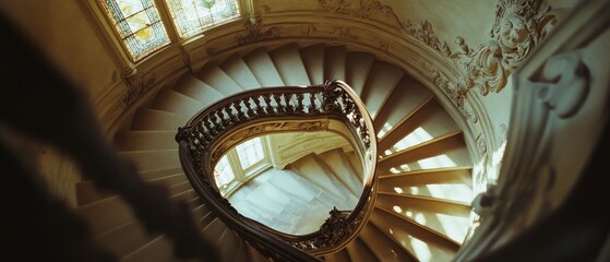 A grand spiral staircase curves elegantly under filtered sunlight, adorned with ornate railings and bathed in a majestic, serene ambiance.