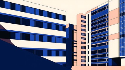 Cityscape Modern buildings, urban architecture, sunlight, geometric design,  illustration, real estate