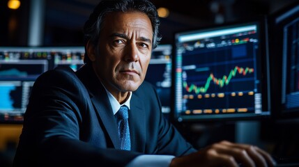 Fototapeta premium Focused Mature Trader in Suit Analyzing Data on Computer Screens