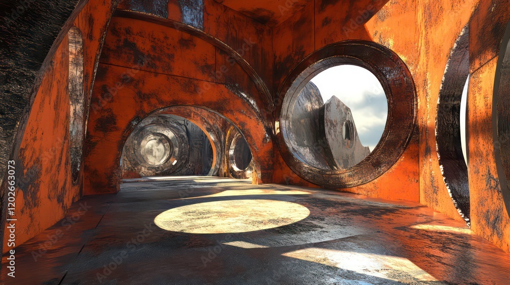 Poster rusty orange futuristic interior with circular windows offering a view of a cloudy sky.