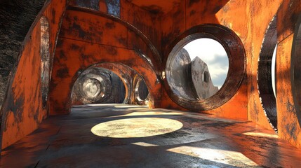 Rusty orange futuristic interior with circular windows offering a view of a cloudy sky.