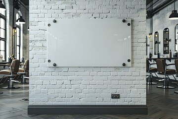 Modern glass board mockup in barbershop interior with white brick wall background, perfect for branding and business presentations in beauty industry setting.