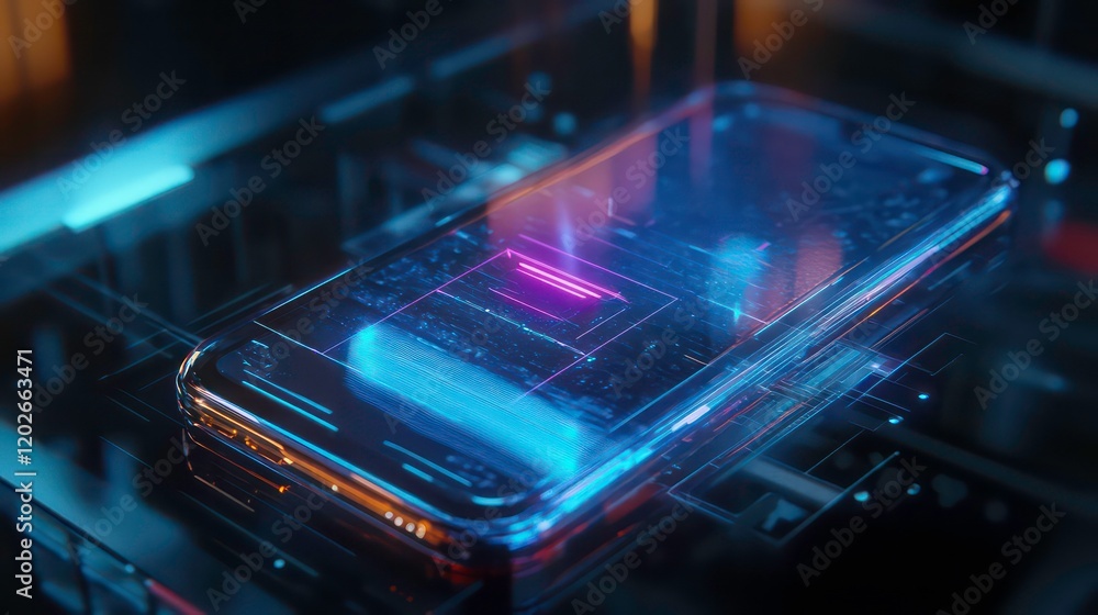 Poster Futuristic smartphone with neon glowing interface on a tech background.