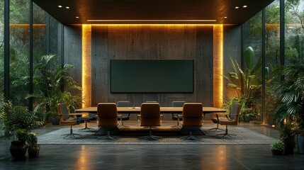 Modern conference room with a large screen, surrounded by greenery and stylish furniture.