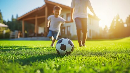 Fototapeta premium At home, a happy young couple and their son are playing football on the grass.