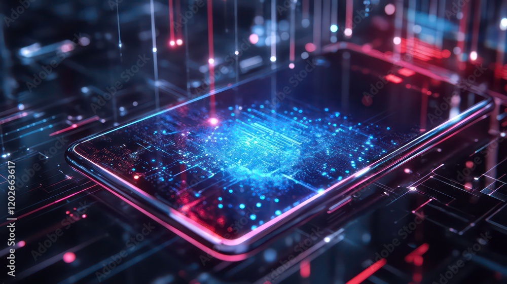 Poster Futuristic smartphone with glowing digital circuits and data streams.