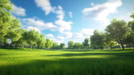 Naklejka premium Beautiful sunny summer landscape in the park with green grass and trees