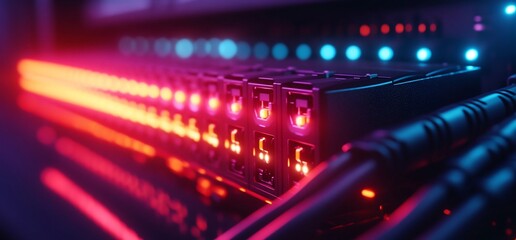 Fototapeta premium Server rack lights glow, data center background