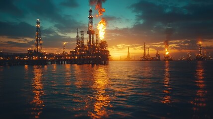 Obraz premium Oil rigs silhouetted against a vibrant sunset, flames rising, reflecting on water.