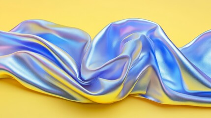 Obraz premium Iridescent Blue Silk Fabric Draped on Yellow Background Abstract Texture Luxury Textile