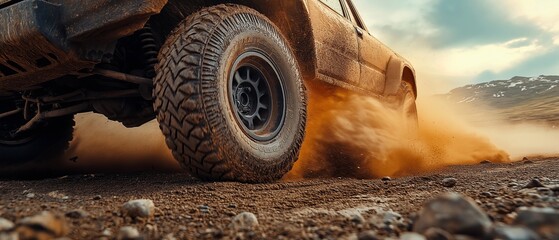 Close-up of an off-road vehicle tire moving dynamically through dust clouds and rough terrain