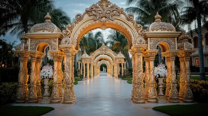 Ornate arches create a stunning pathway, illuminated amidst lush palm trees, perfect for events.