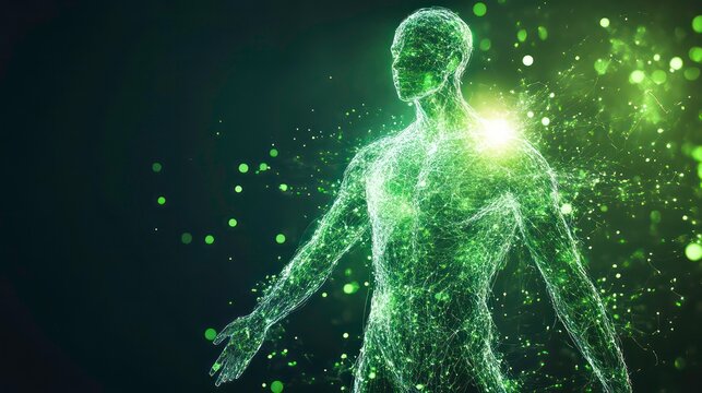Glowing green human body energy, particles, concept.