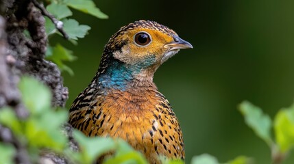 Juvenile golden pheasant in tree foliage, close-up