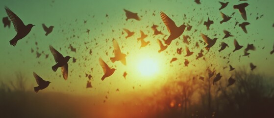 Fototapeta premium A flock of birds elegantly soars across the sky as the sun sets in a golden glow, evoking freedom and unity in a warm, tranquil atmosphere.