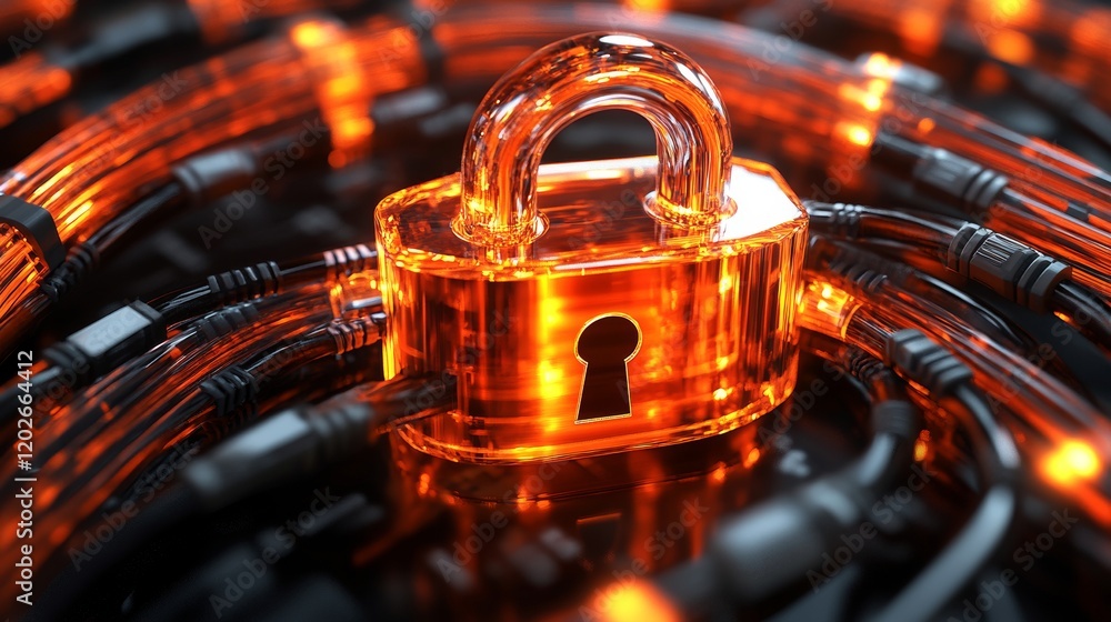 Poster digital security concept with padlock surrounded by network cables