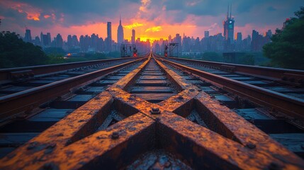 Fototapeta premium Sunset over city skyline with railroad tracks in the foreground, creating a dramatic perspective.
