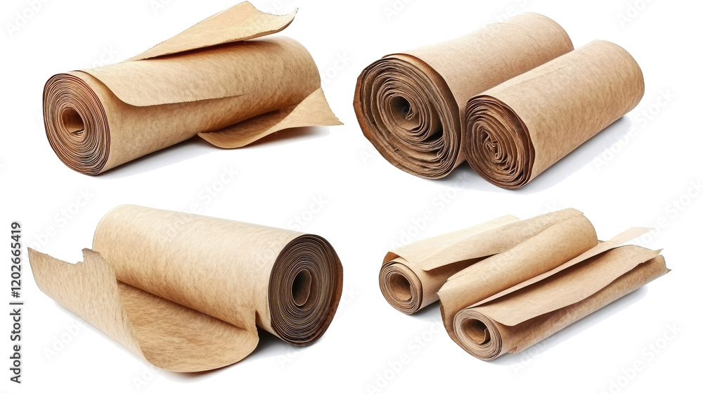 Poster old paper scrolls in various rolled and unrolled forms generative ai