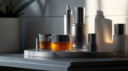Skincare products on marble tray, sunlit bathroom. Lifestyle photo for beauty ads