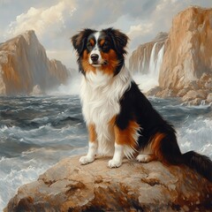 Majestic Australian Shepherd on Rocky Shore with Cascading Waterfalls and Dramatic Sky - Scenic Landscape Art Featuring a Beautiful Dog in Nature's Serenity