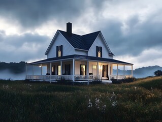 Obraz premium Serene White Farmhouse at Dusk: A Picturesque Rural Scene