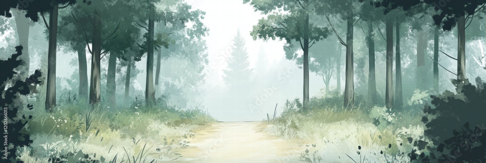 Poster Winding forest trail surrounded by tall trees in a serene and misty atmosphere at dawn. Generative AI