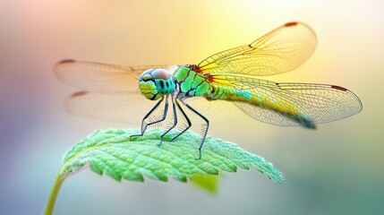 Vibrant green dragonfly perched on leaf, detailed wings. Perfect for nature, insect, or summer themes, evokes tranquility and beauty.