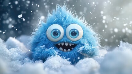 Cute blue furry monster in snow, winter scene.