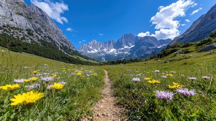 Mountain meadow trail, wildflowers, scenic valley, summer hike