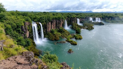 Fototapeta premium Majestic waterfalls cascade into a lush green river valley