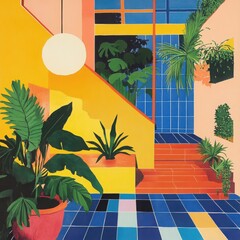 Vibrant Tropical Interior: A bold and colorful illustration showcases a modern interior design with vibrant yellow walls, blue tiled floors, a grand staircase, and lush tropical plants.