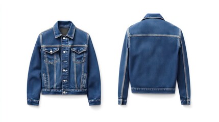 Blue denim jacket, front and back view, isolated on white background.