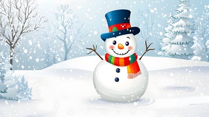 Fototapeta premium Cheerful Snowman in Winter Wonderland Snow Scene