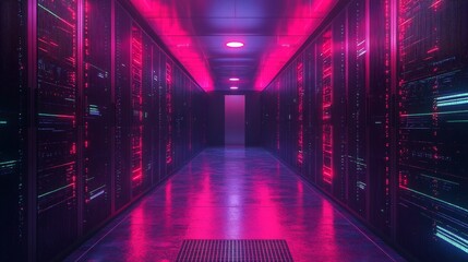 Futuristic Secure Server Room with Digital Overlays and Lighting Effects