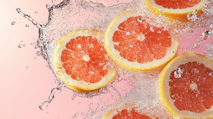 Fresh grapefruit slices splashing in water, pink background.