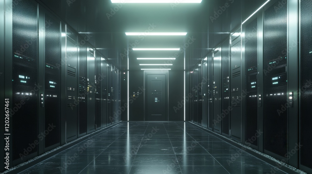 Poster secure server room with digital overlays and modern design elements