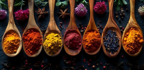 Fototapeta premium Colorful aromatic spices in wooden spoons arranged in row on dark background with dried flowers and star anise, perfect for cooking, food blog or restaurant menu design.