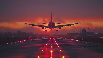 Commercial airplane landing at sunset with dramatic red sky and illuminated runway lights creating leading lines, perfect for aviation, travel and transportation industry designs.