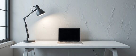 Modern Minimalist Workspace Setup with Laptop and Desk Lamp