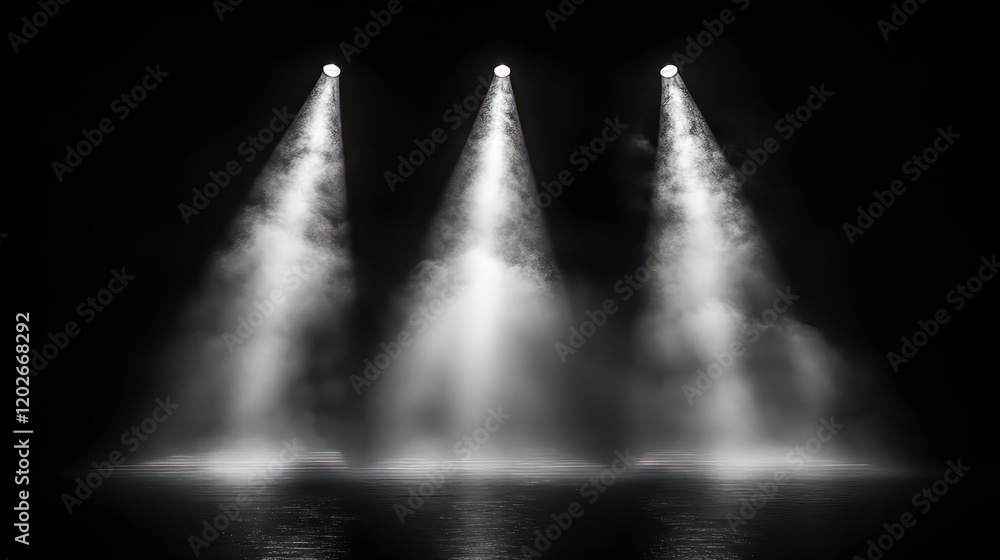 Poster three spotlights illuminate a dark stage with smoke, creating a dramatic effect.