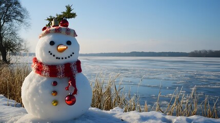 Obraz premium Festive Snowman by Frozen Lake Winter Scene