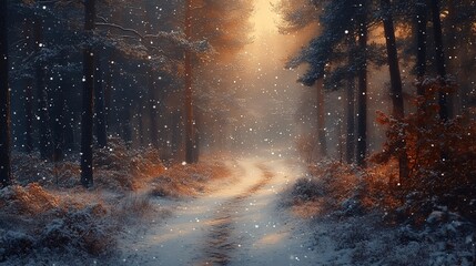 Naklejka premium Snowy path through winter forest at dawn