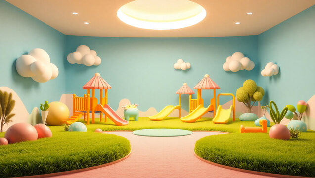 AI generative. 3d cartoon illustration, colorful of kids playground indoor activity for infographic. 42