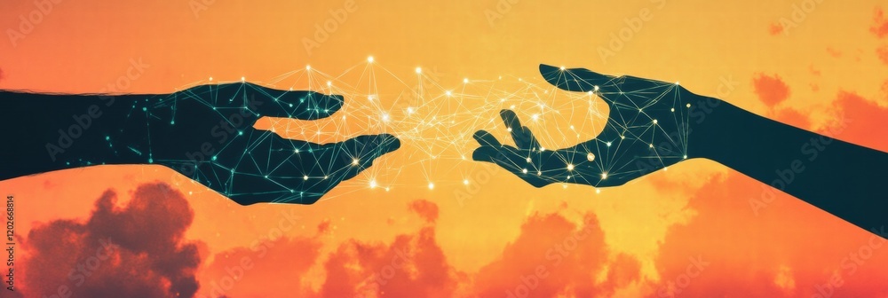 Poster Connecting hands create a network of light in a sunset backdrop. Generative AI
