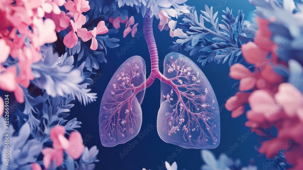 Poster lungs surrounded by vibrant floral and leafy elements in a surreal artistic representation. generati
