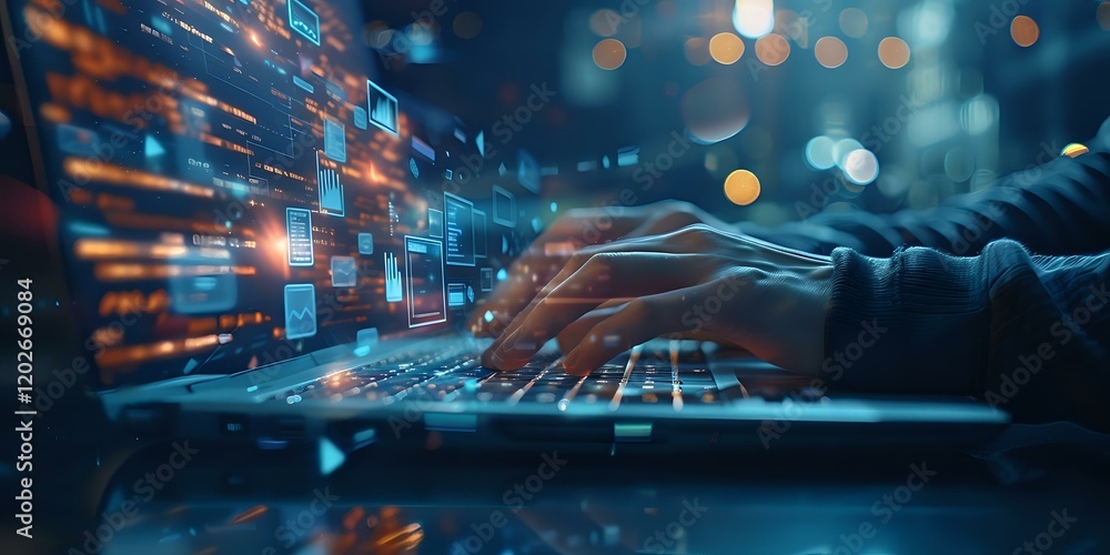 Poster businessman typing on computer keyboard with futuristic digital data visualization and glowing chart