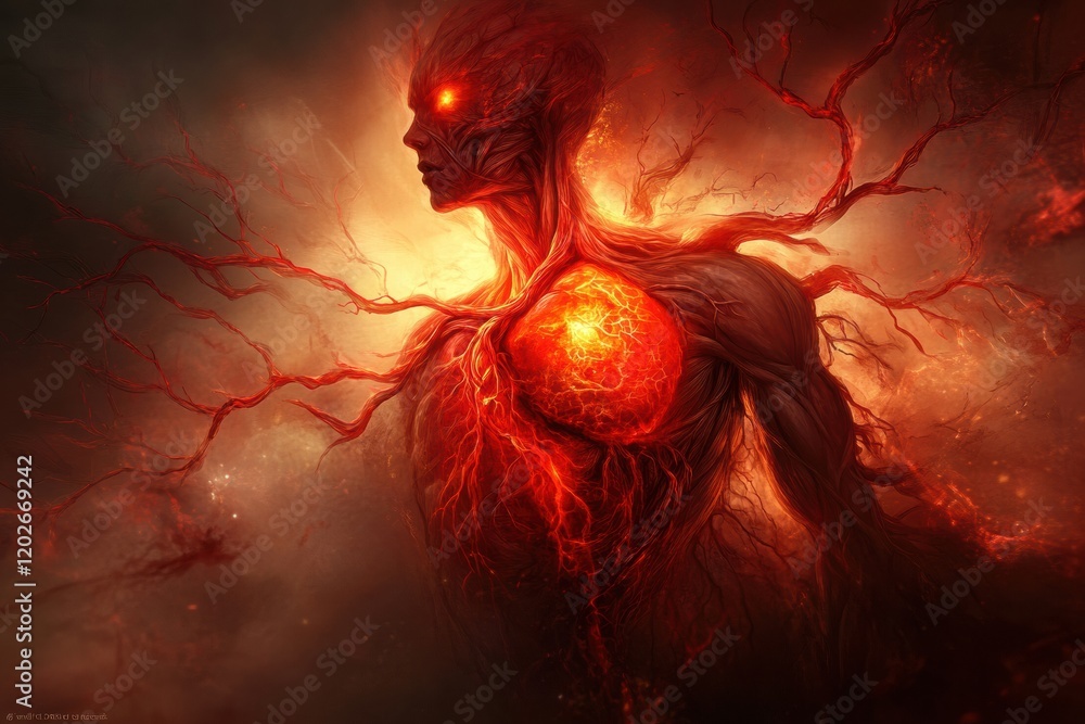 Poster fiery humanoid figure with glowing heart surrounded by dark tendrils in an intense and vivid atmosph